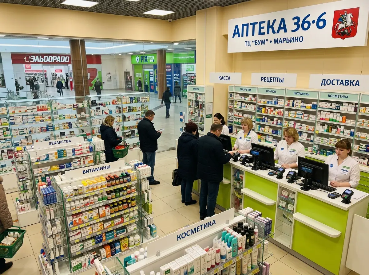 Аптека в торговом центре ЮВАО Москвы, светлый торговый зал с витринами и кассовой зоной