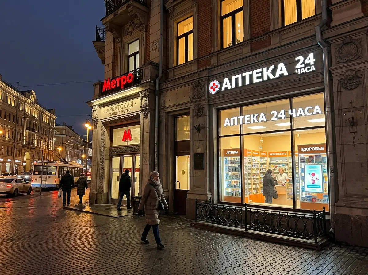 Фасад аптеки в центре Москвы вблизи станции метро, вечерняя подсветка витрины