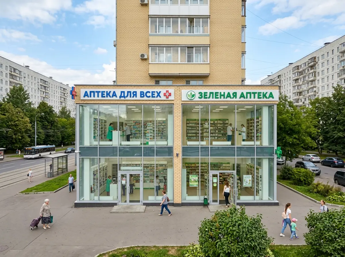 Двойная аптечная сеть в юго-западном округе Москвы, два торговых зала с натуральным освещением