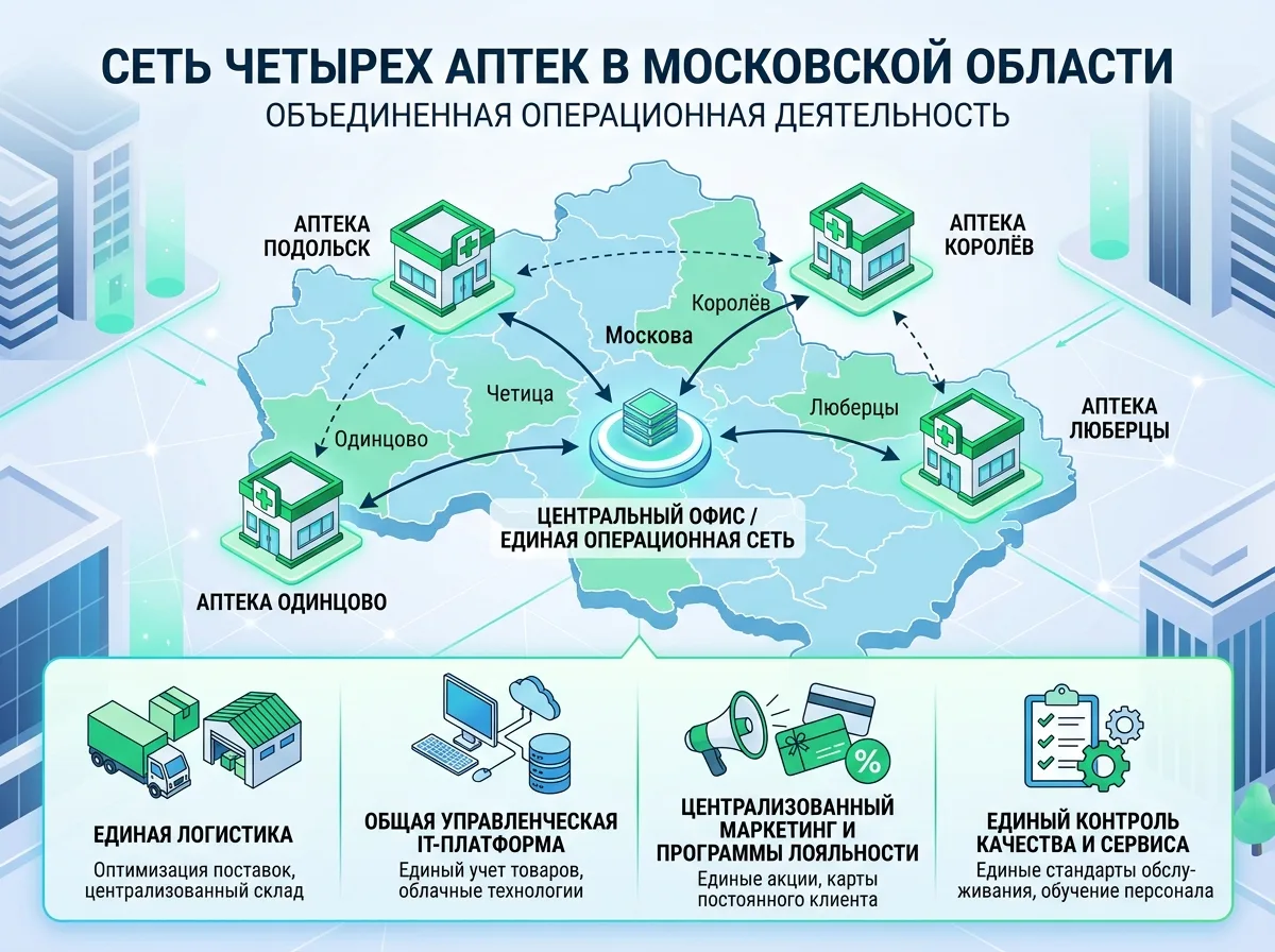 Сеть из четырёх аптек Московской области, совокупная операционная деятельность в регионе