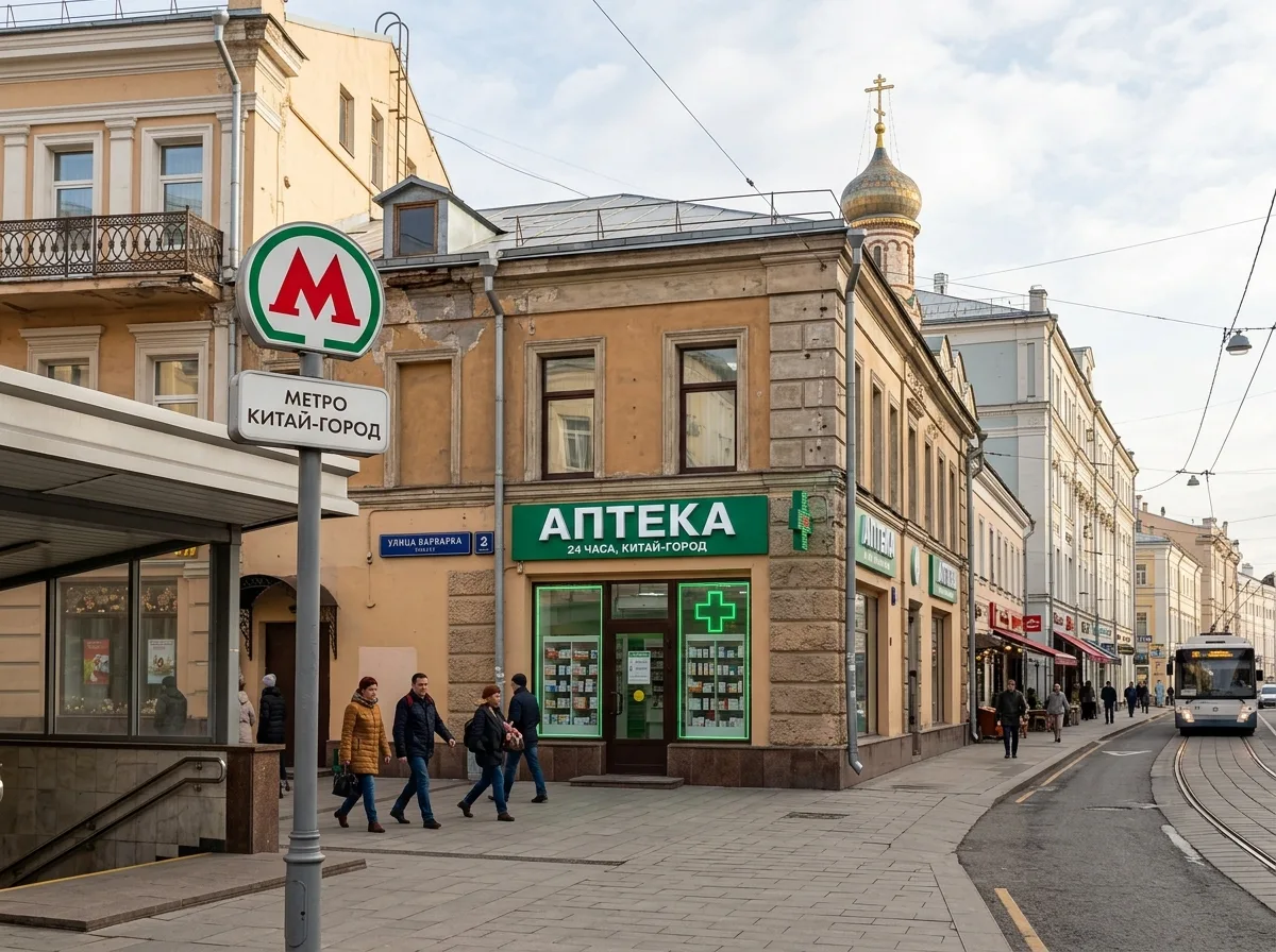 Аптечный пункт у станции метро Китай-город в историческом центре Москвы