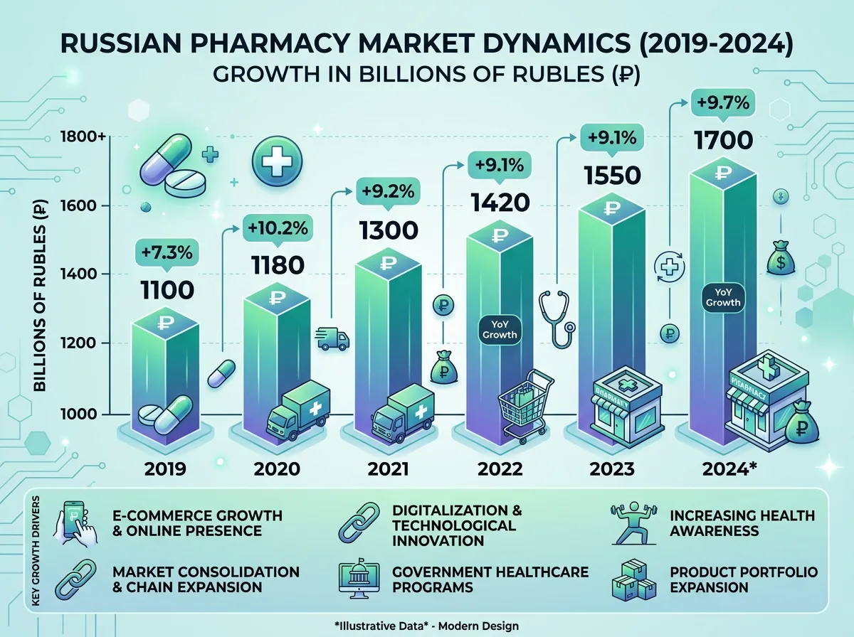 График динамики объёма аптечного рынка России с 2019 по 2024 год — рост в миллиардах рублей
